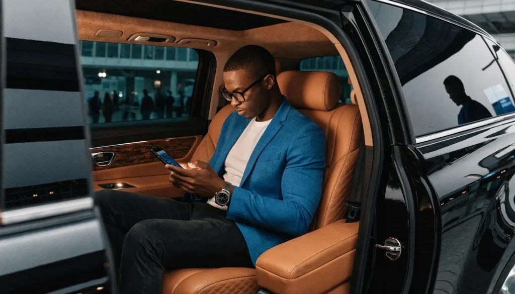 Business traveler in a luxury vehicle emphasizing corporate travel management