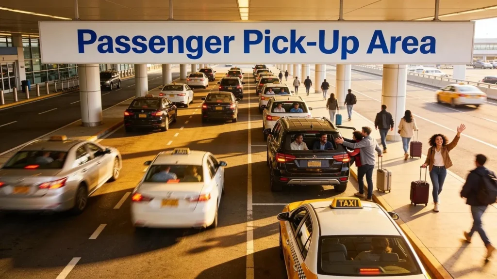 Designated passenger pick-up points at an airport with marked areas for smooth transit