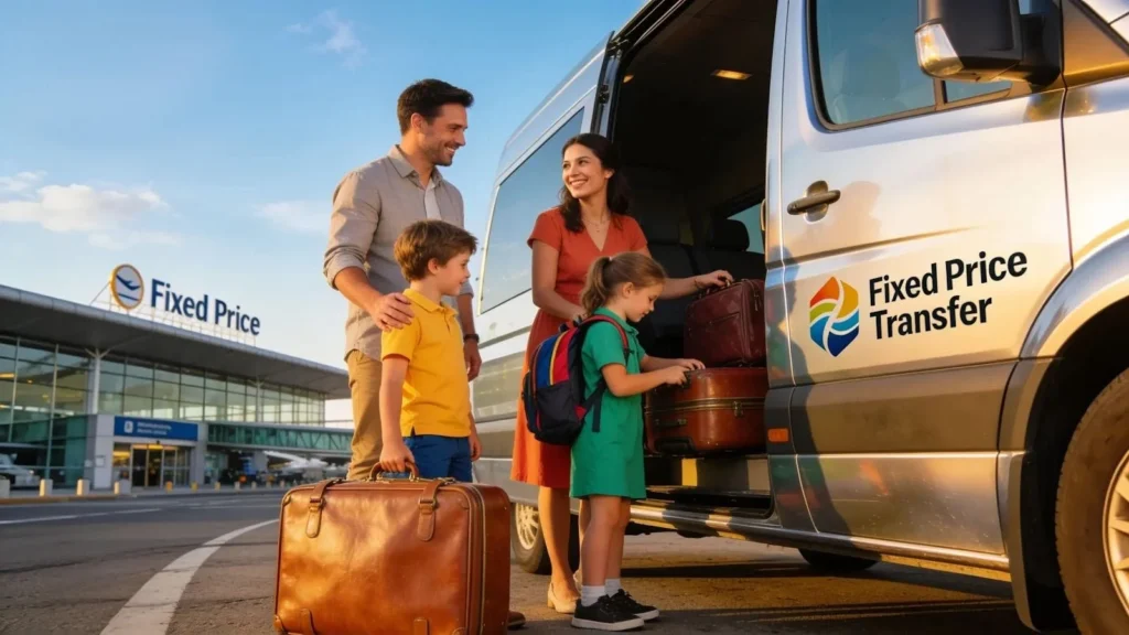 Family happily arriving at the airport with reliable fixed-price airport transfer vehicle