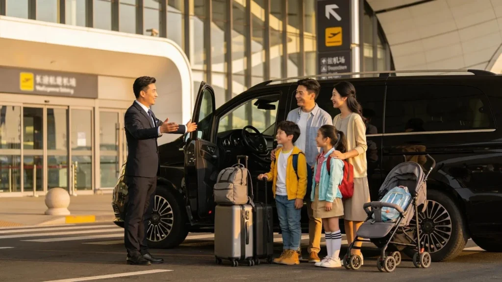 Family happily engaging with a professional airport transfer driver near a comfortable vehicle