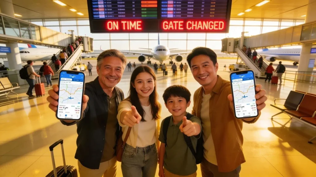 Family using flight tracking app at airport, showcasing modern travel convenience and peace of mind