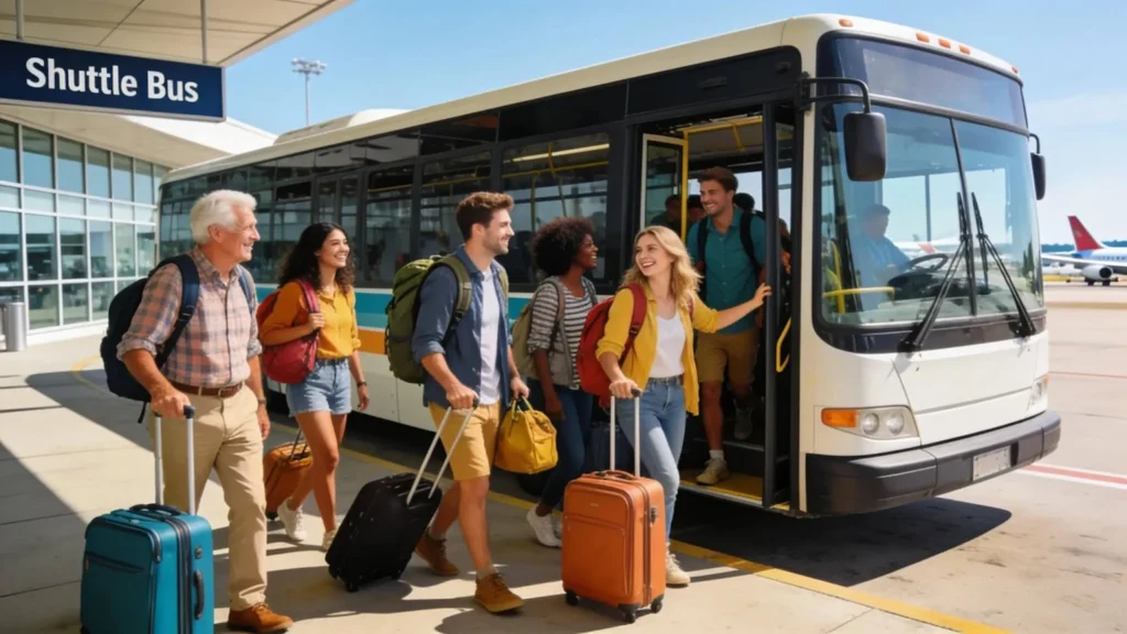 Group boarding a shuttle at the airport, showing convenient group airport transfers