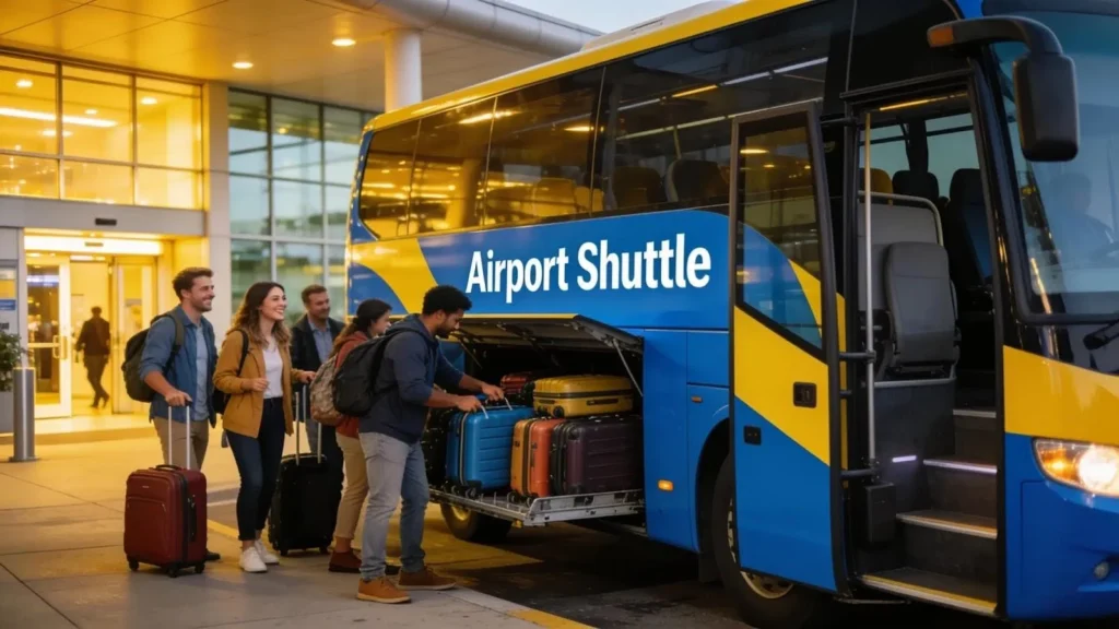 Modern airport shuttle van ready for passengers at terminal, representing organized travel services