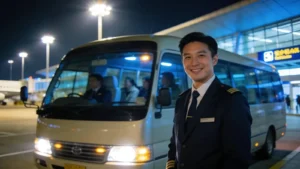 Nighttime airport transfer vehicle and driver ensuring safe travel for passengers