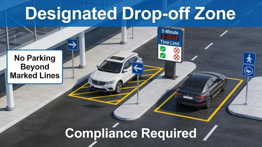 Overview of airport drop-off regulations showing waiting areas and compliance signage