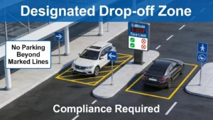 Overview of airport drop-off regulations showing waiting areas and compliance signage