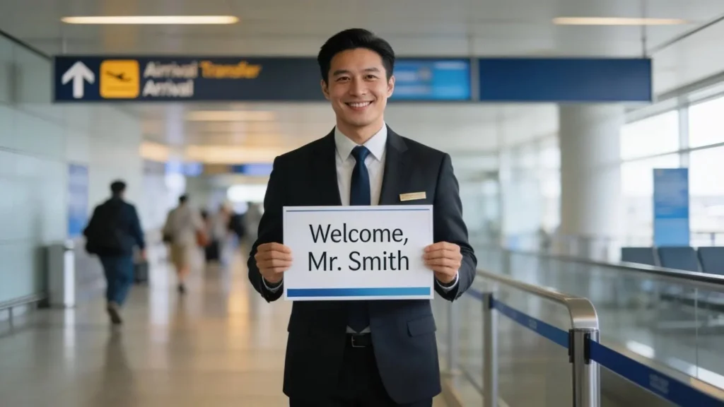 Professional airport transfer driver welcoming a passenger at the arrival gate