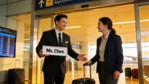 Professional chauffeur assisting a business traveler at the airport