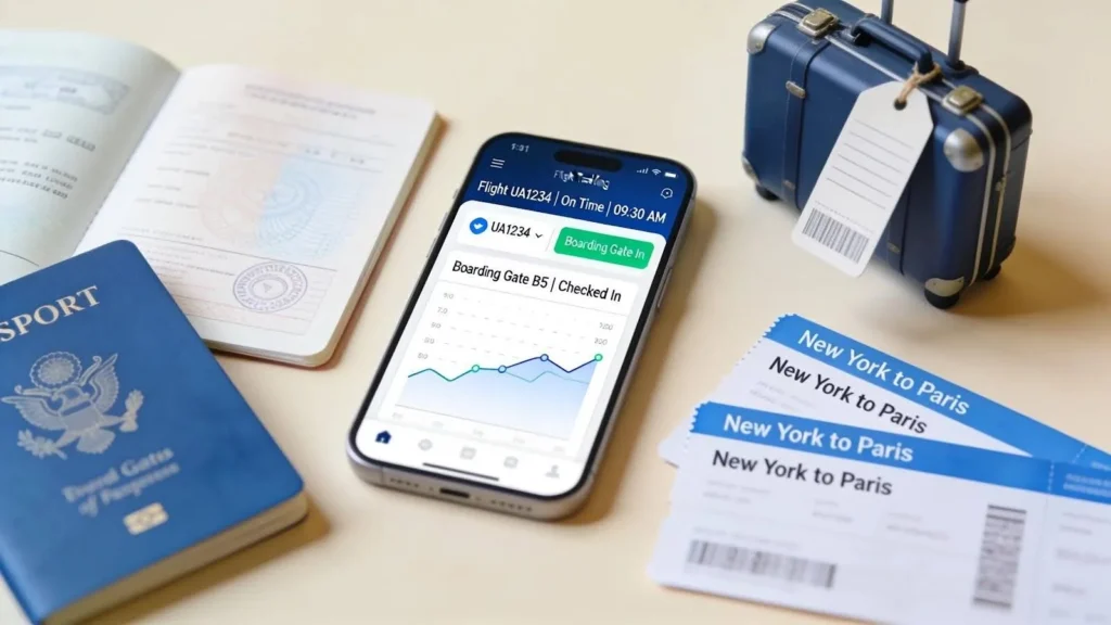 Smartphone showing flight tracking app features, emphasizing reliability and ease of use for travelers