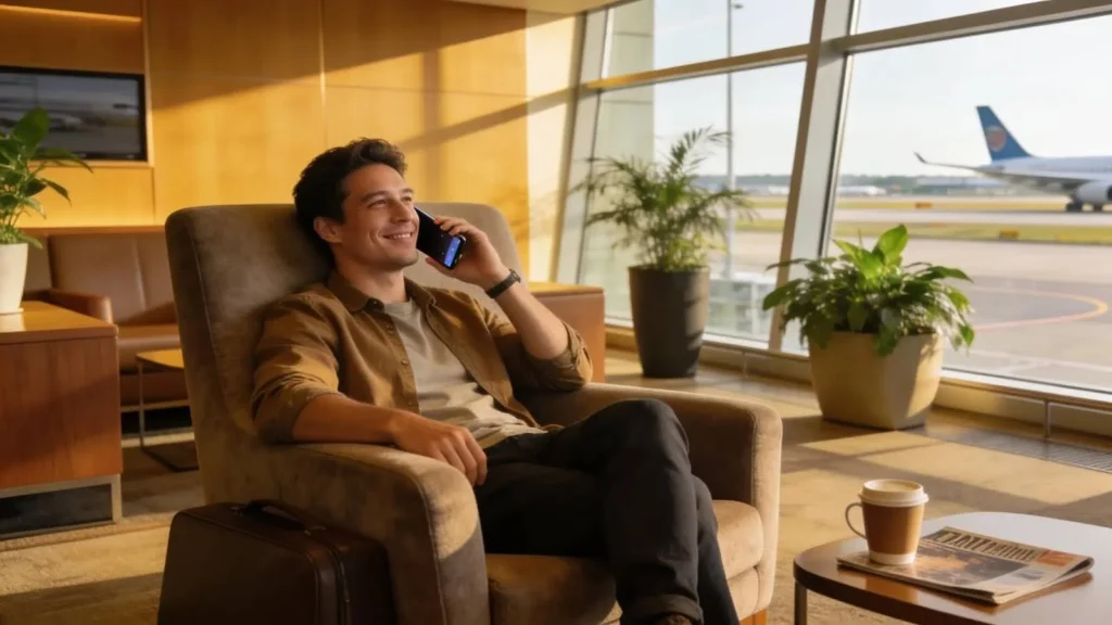 Traveler booking airport transfer via phone in a modern, comfortable airport lounge