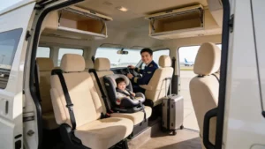 Well-maintained airport transfer vehicle interior emphasizing comfort and safety features